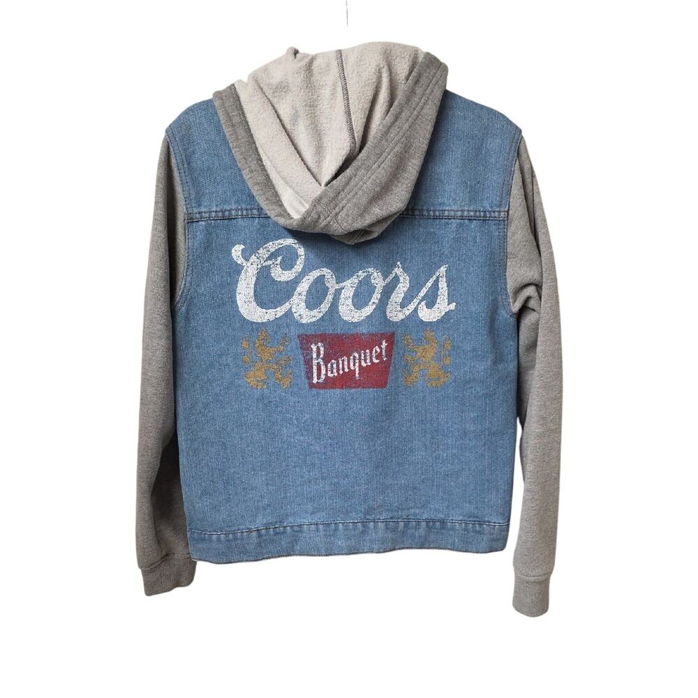 Coors Banquet Branded Light-Wash Denim Jacket With Grey Fleece Hood and Sleeves